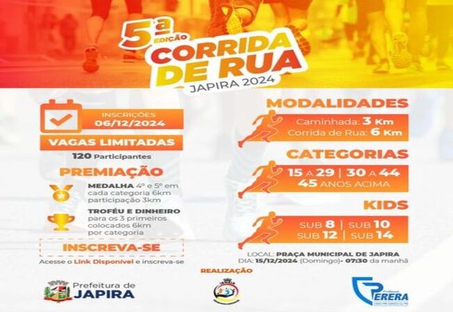 INSCRIÇÕES ABERTAS 5º Edição Corrida de Rua Japira, dia 15 de Dezembro 